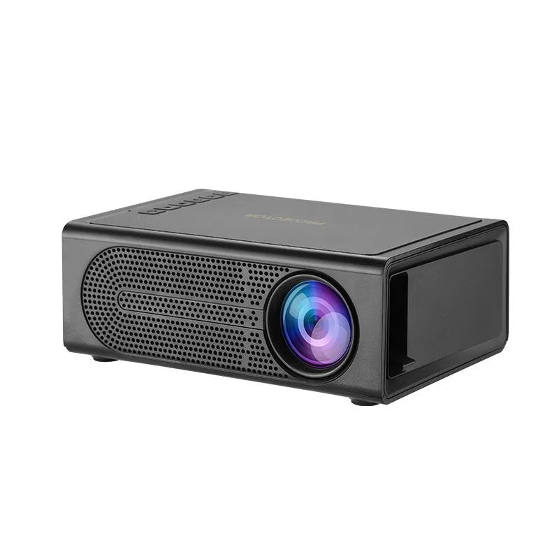 Black and white portable mini projector with wired mobile phone connection and international power plugs