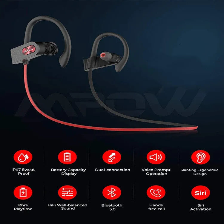 Flame2 Bluetooth headset with hanging ear design in red colour showing bilateral earpieces