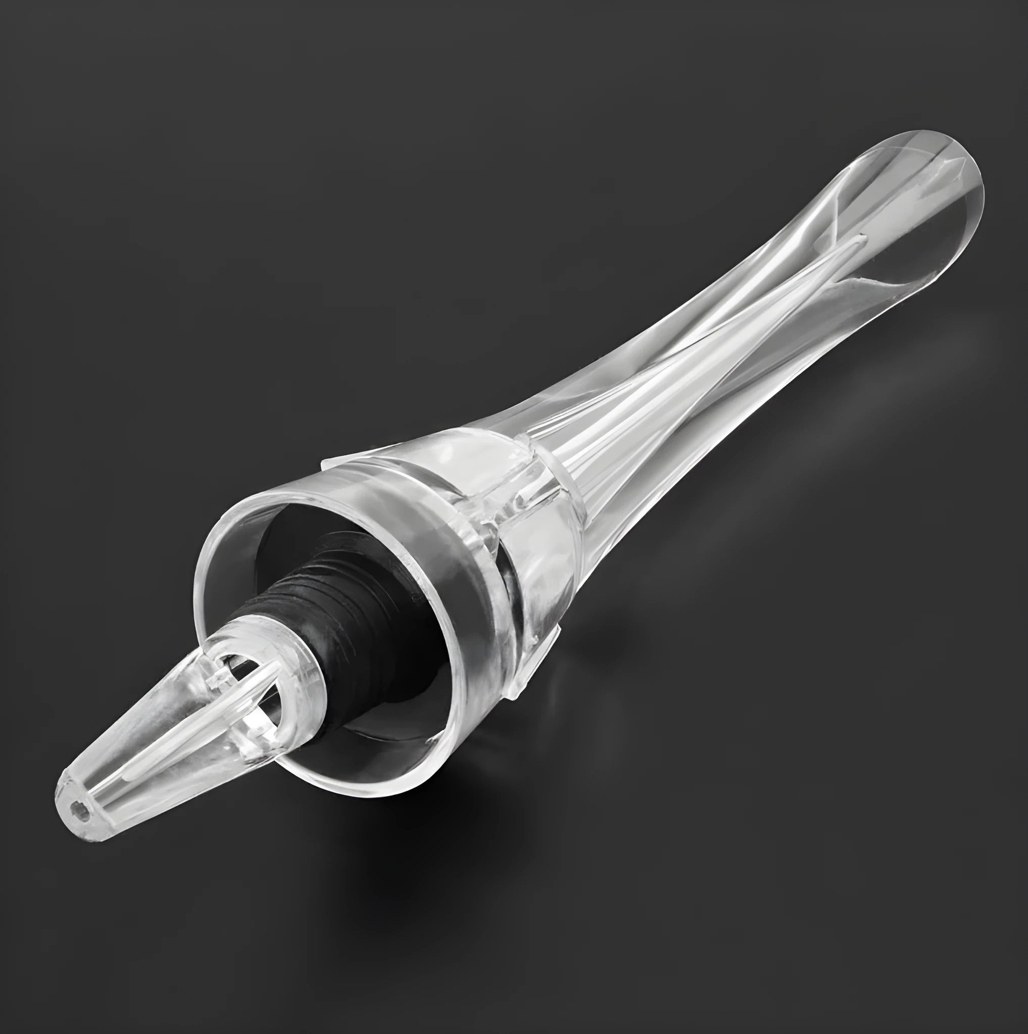 Compact clear acrylic wine aerator with a stainless steel filter, measuring 16cm long.