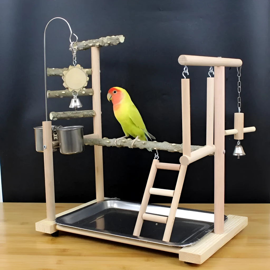 Pepper wood parrot play stand with integrated tiger skin peony toy and multi-level platforms.