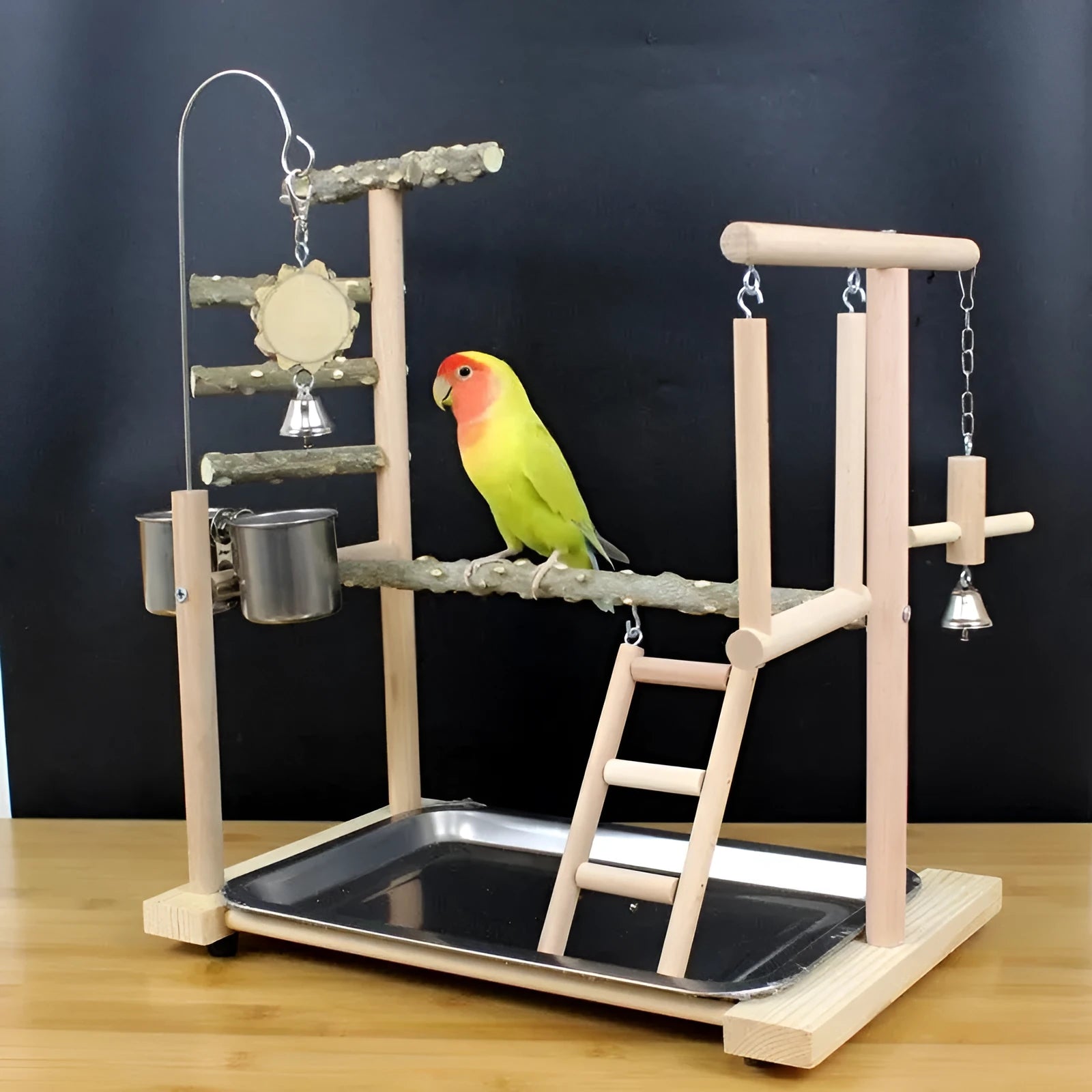 Pepper wood parrot play stand with integrated tiger skin peony toy and multi-level platforms.