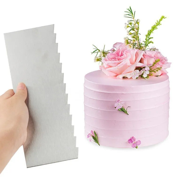 Stainless steel cake decorating scraper with multiple polygon-pattern heads for textured finishes.