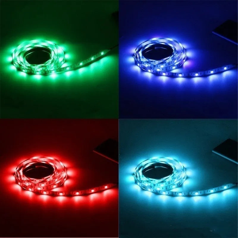 USB-powered flexible LED light strip showing multiple colour options including white, blue, and red illumination