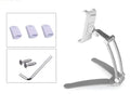 Silver aluminium alloy desktop stand holding a tablet, showing 360-degree rotation and adjustable clamp mechanism.