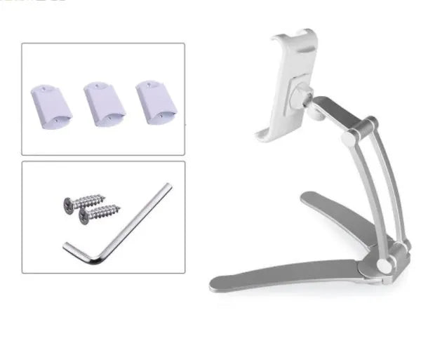 Silver aluminium alloy desktop stand holding a tablet, showing 360-degree rotation and adjustable clamp mechanism.