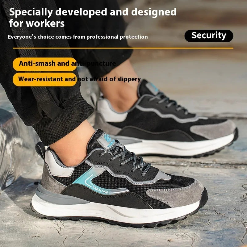 Men's low-top lace-up work shoes in suede and mesh with a plastic steel toe cap.