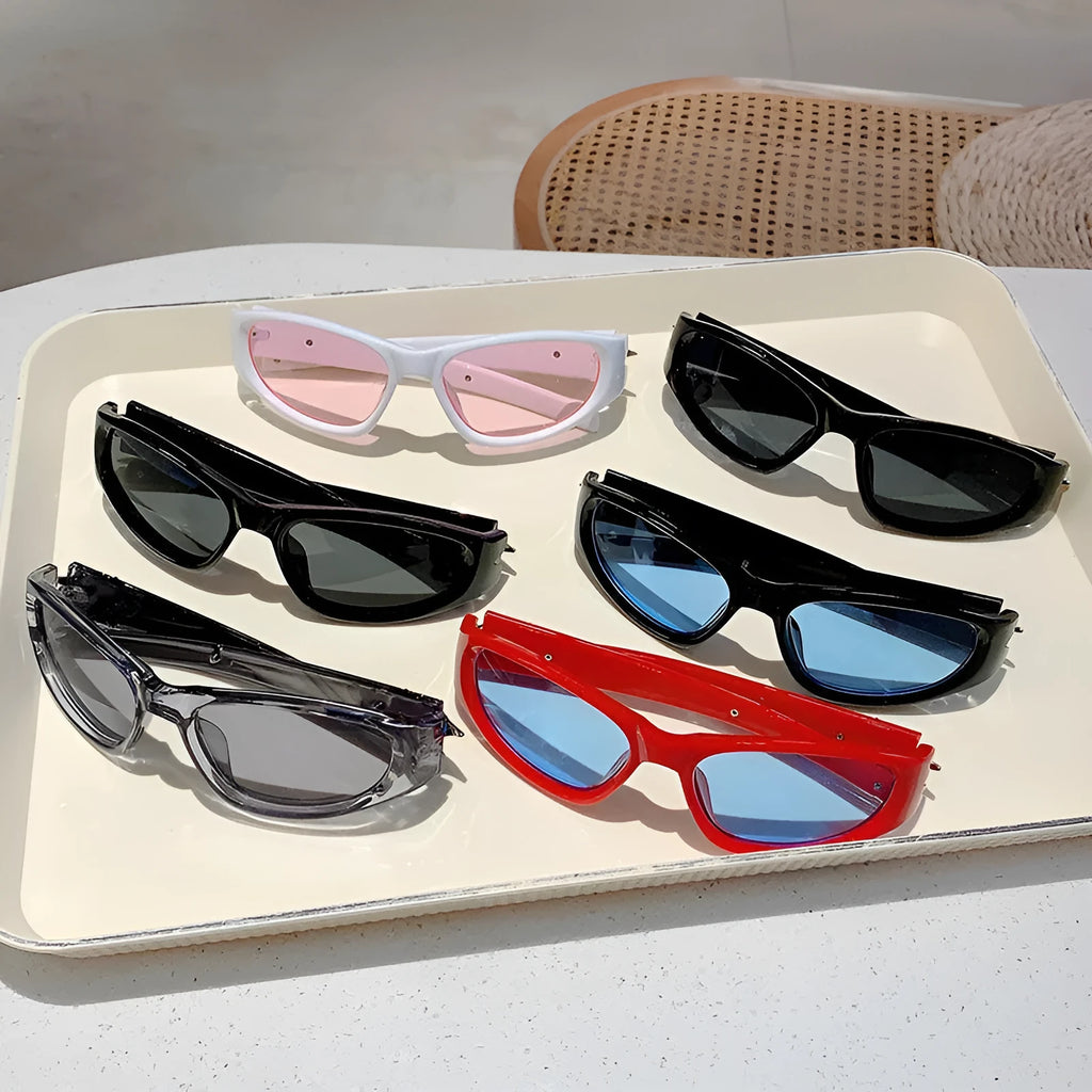 Special-shaped black frame sunglasses with blue polycarbonate lenses for outdoor sports.