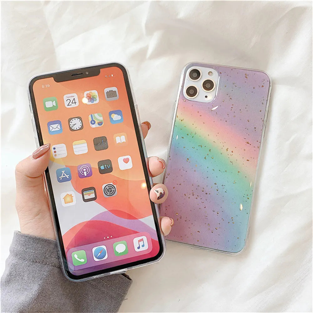 Rainbow gradient coloured TPU protective case for iPhone on a white background.