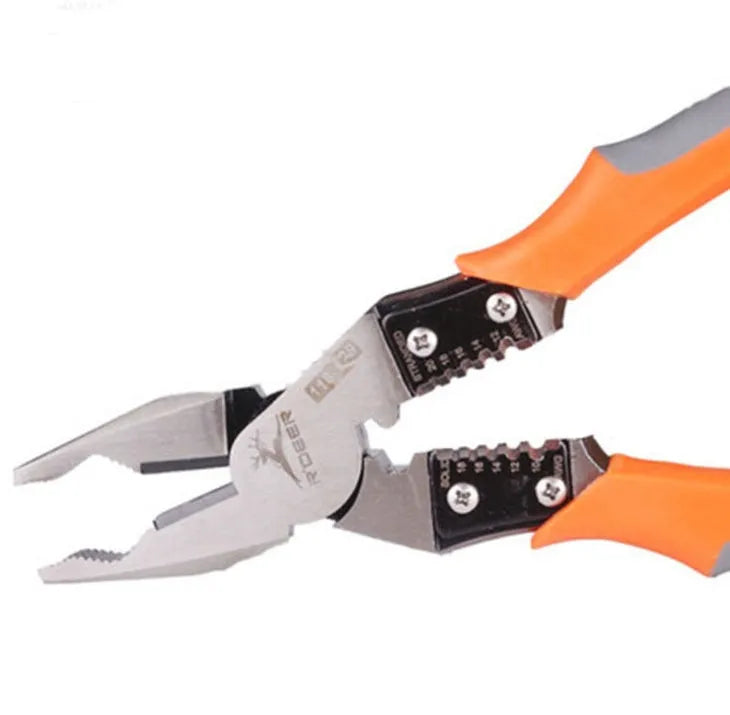Orange multi-function wire cutter pliers with alloy steel head and plastic handles on a workbench