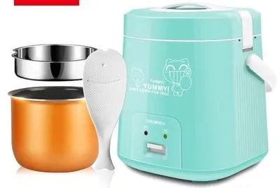 Compact round miniature rice cooker with steam pan and non-stick liner for one to two person cooking