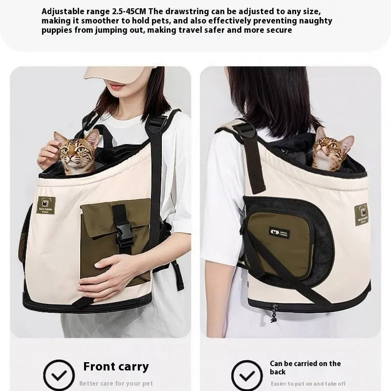 Portable PET cat backpack in brown or custard with built-in safety buckle and adjustable drawstring
