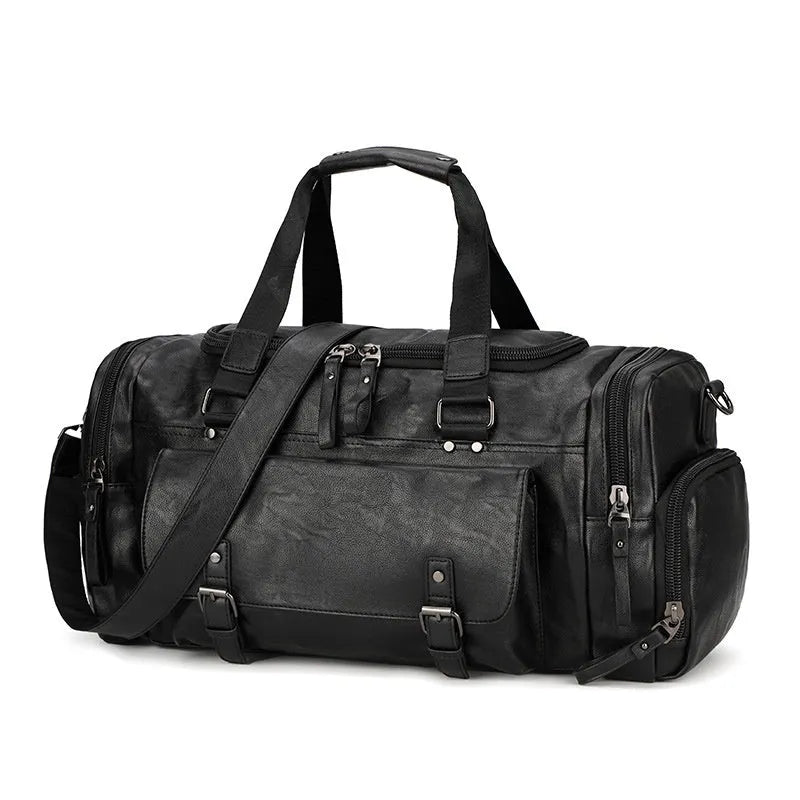 Large black travel bag with a separate shoe compartment, showing PU fabric exterior.