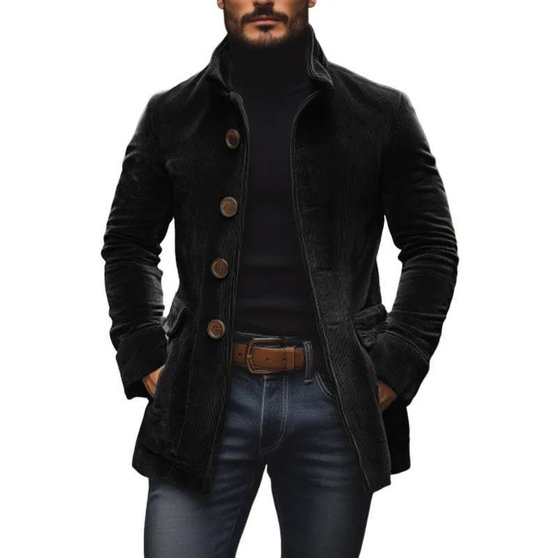 Men's corduroy blazer, slim fit stand collar, button front, solid colour, long sleeve, 50cm length