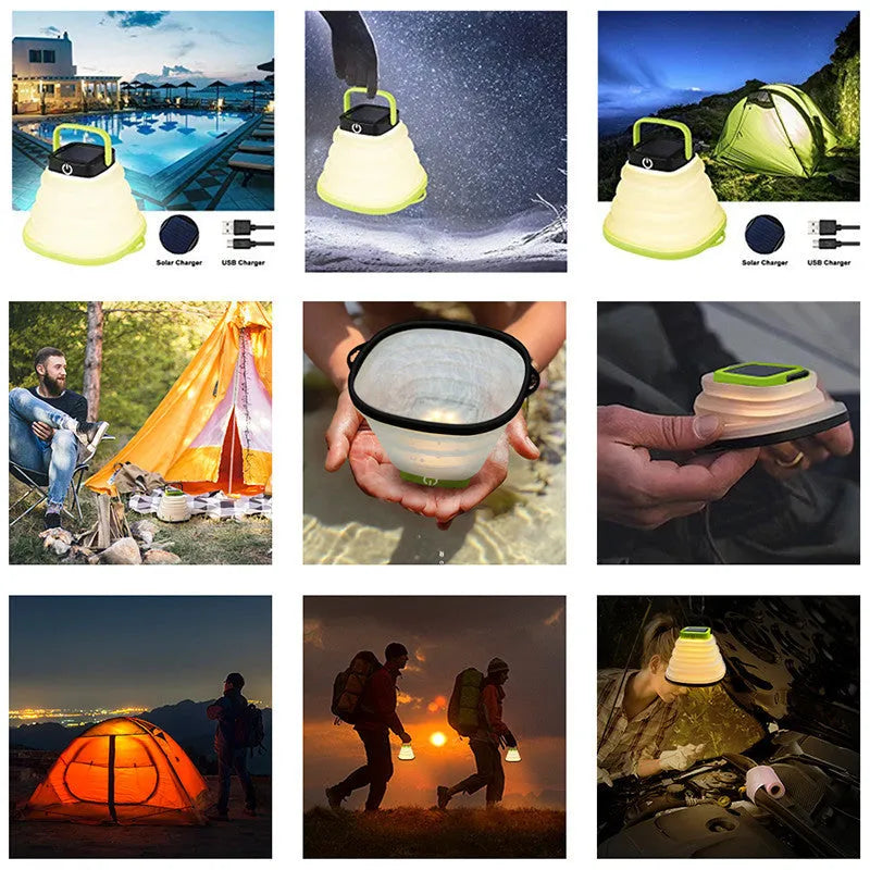 Collapsible camping lantern in Black or Green with solar panel, USB charging, 160lm warm white light, IP68 rating, and 2.5cm folded thickness