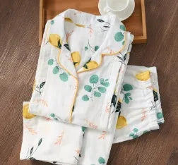 Cotton thin maternity pajama set with turn-down collar and bell sleeves in solid natural colour