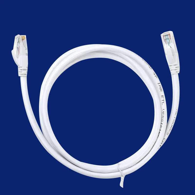 White Cat6 network cable with RJ-45 connectors on a plain background