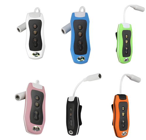 Compact black Bluetooth MP3 sports headset with IPX68 waterproof rating for swimming.