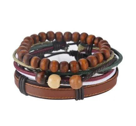 Handwoven adjustable leather bracelet with multilayer wooden beads and rope for a vintage punk style.