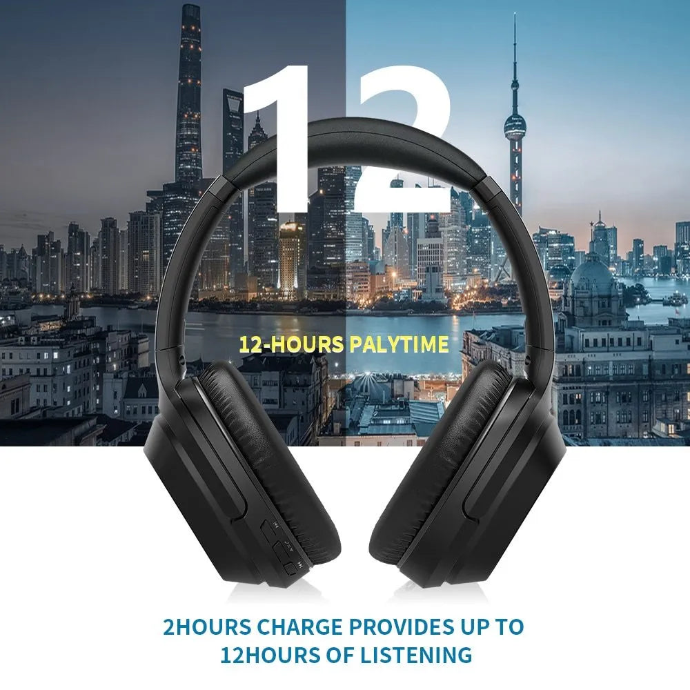 Gorsun E98 black over-ear wireless Bluetooth headphones with microphone on headband.