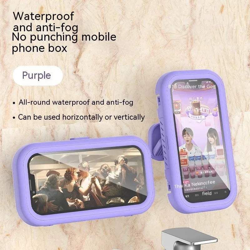 White plastic rotatable waterproof phone box mounted on bathroom wall with a phone inside, punch-free design, four colour options