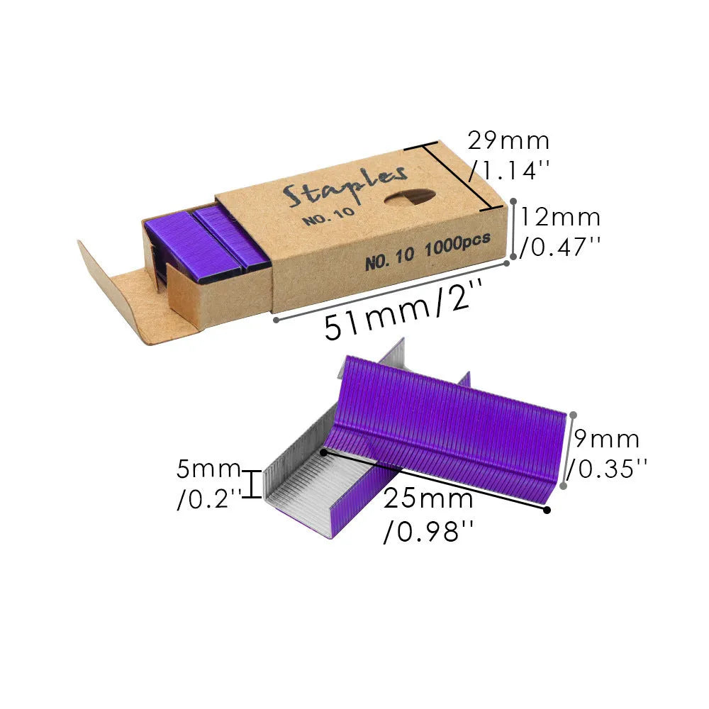 Box of 1000 metal stitching staples in a choice of black, purple, rose gold, or rose red.