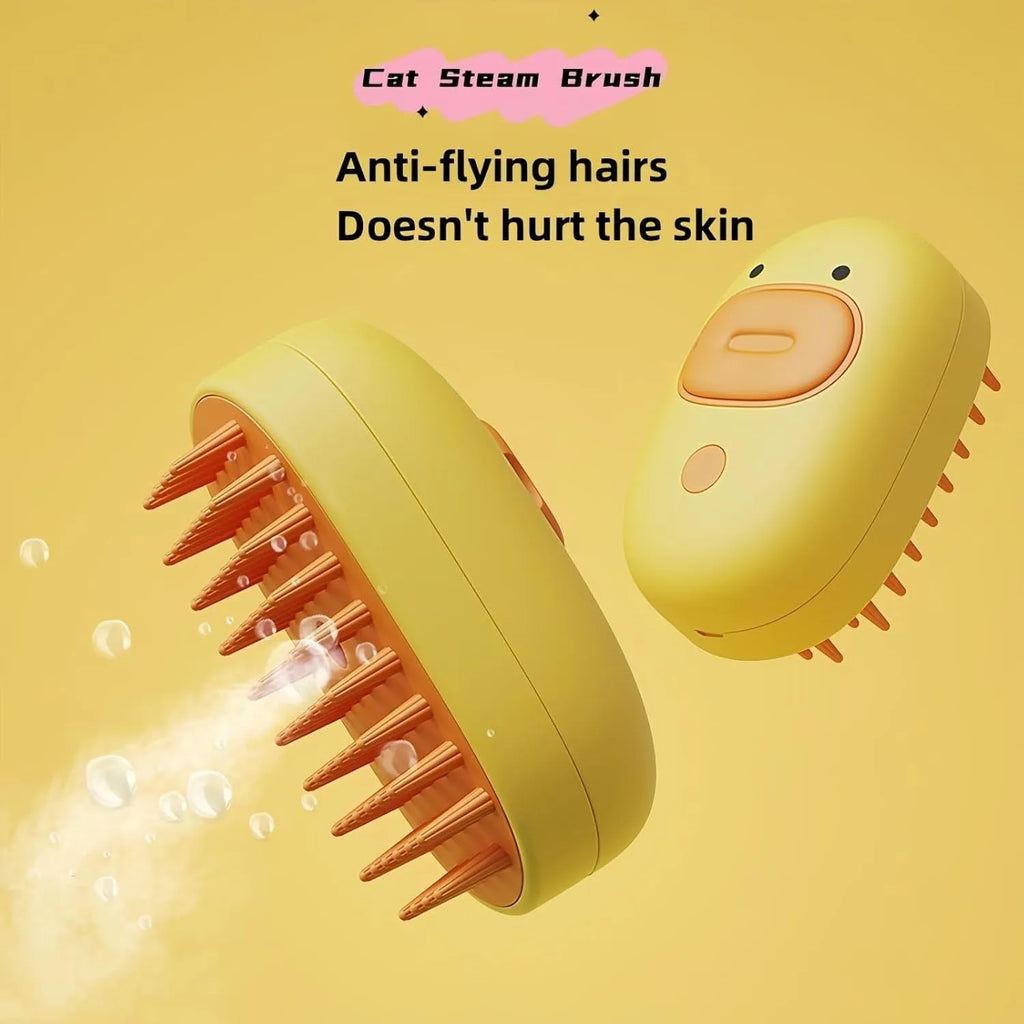 White and yellow rechargeable pet steam brush with silicone comb teeth for grooming dogs and cats.