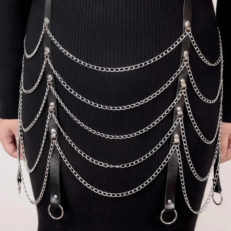 Black PU leather waist chain with bandage binding design for women's alternative fashion