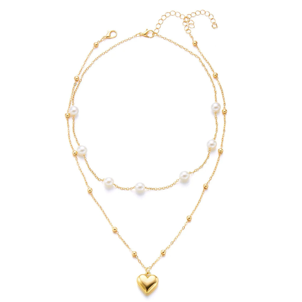 Multi layer alloy necklace set with shell and starfish pendants, electroplated finish, Love heart colour, regular chain