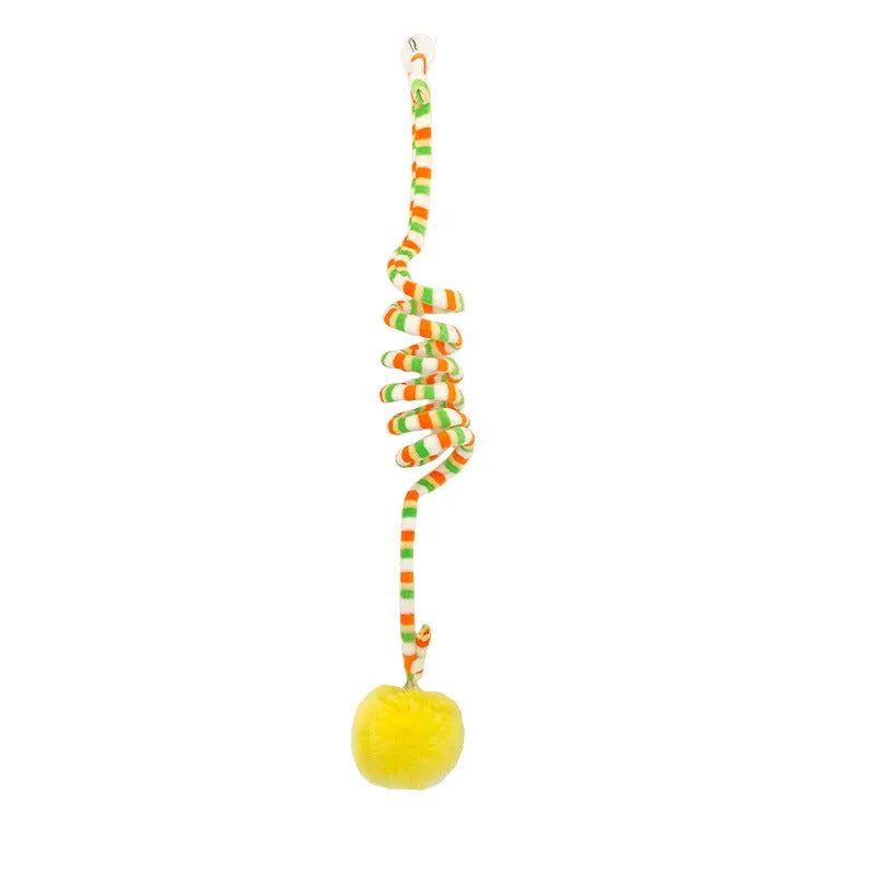 Hanging cat toy set with suction cup, colourful inflatable ball, and bell stick for kitten play.