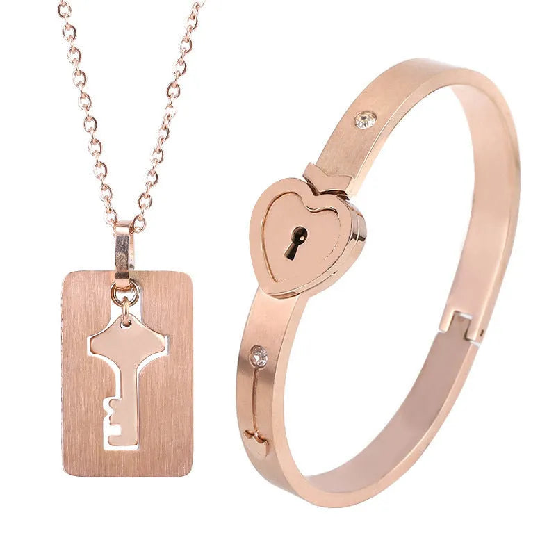 Titanium steel couple love lock bracelet key set necklace in electroplated finish