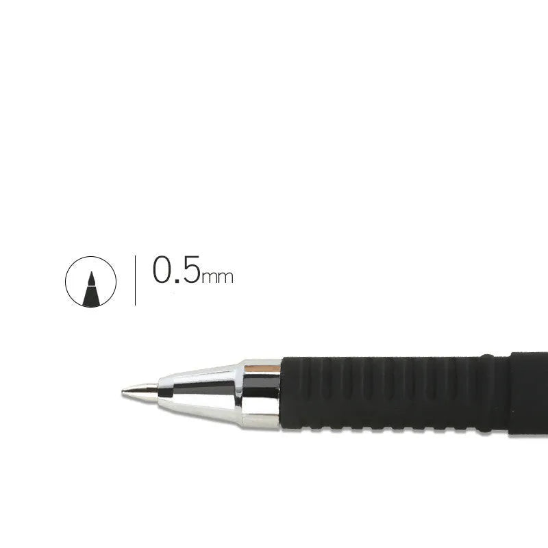 Set of eight carbon black gel pens with plastic bodies, showing bullet and needle tip options