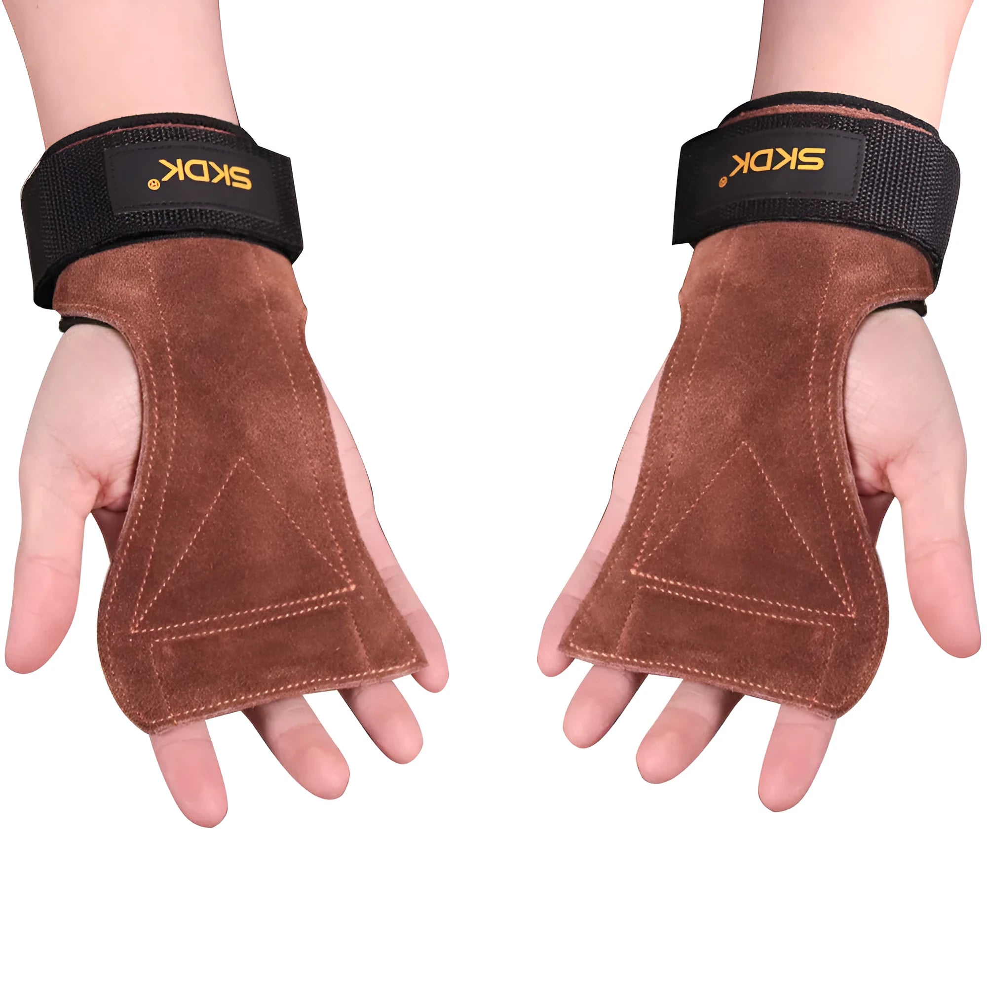 SKDK cowhide hand grips in yellow for gymnastics and weight lifting with anti-skid surface