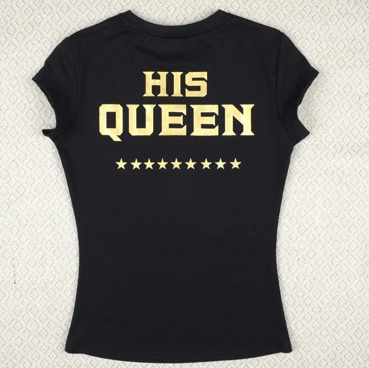 The King & His Queen couple T-shirts, short sleeve, printed black polyester, sizes XS-XXL