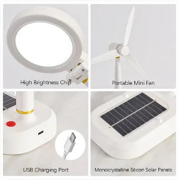 Ivory white solar-powered table fan with integrated LED study lamp on a desk.