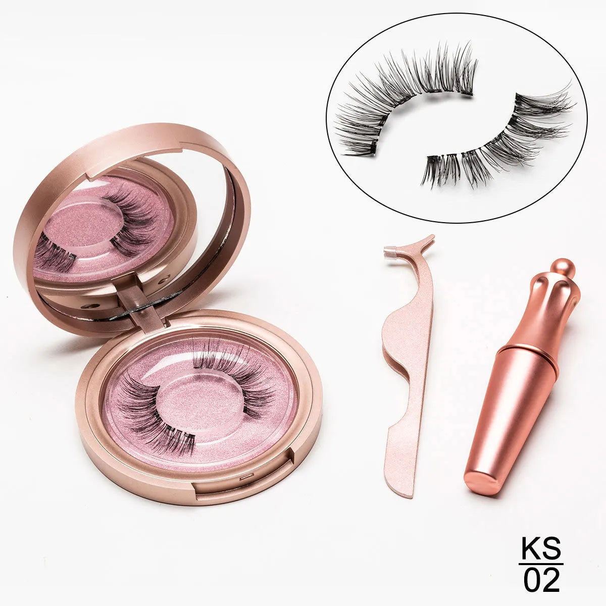 Magnetic eyeliner and false eyelashes set with five pairs of faux mink hair lashes, tweezers, and mirror case