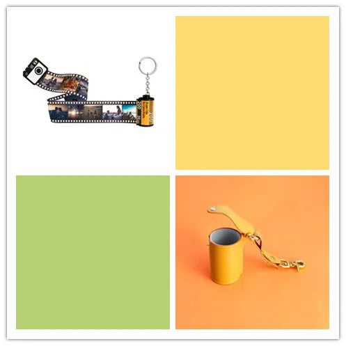 Yellow plastic custom photo keychain with film roll design featuring a personalised picture insert