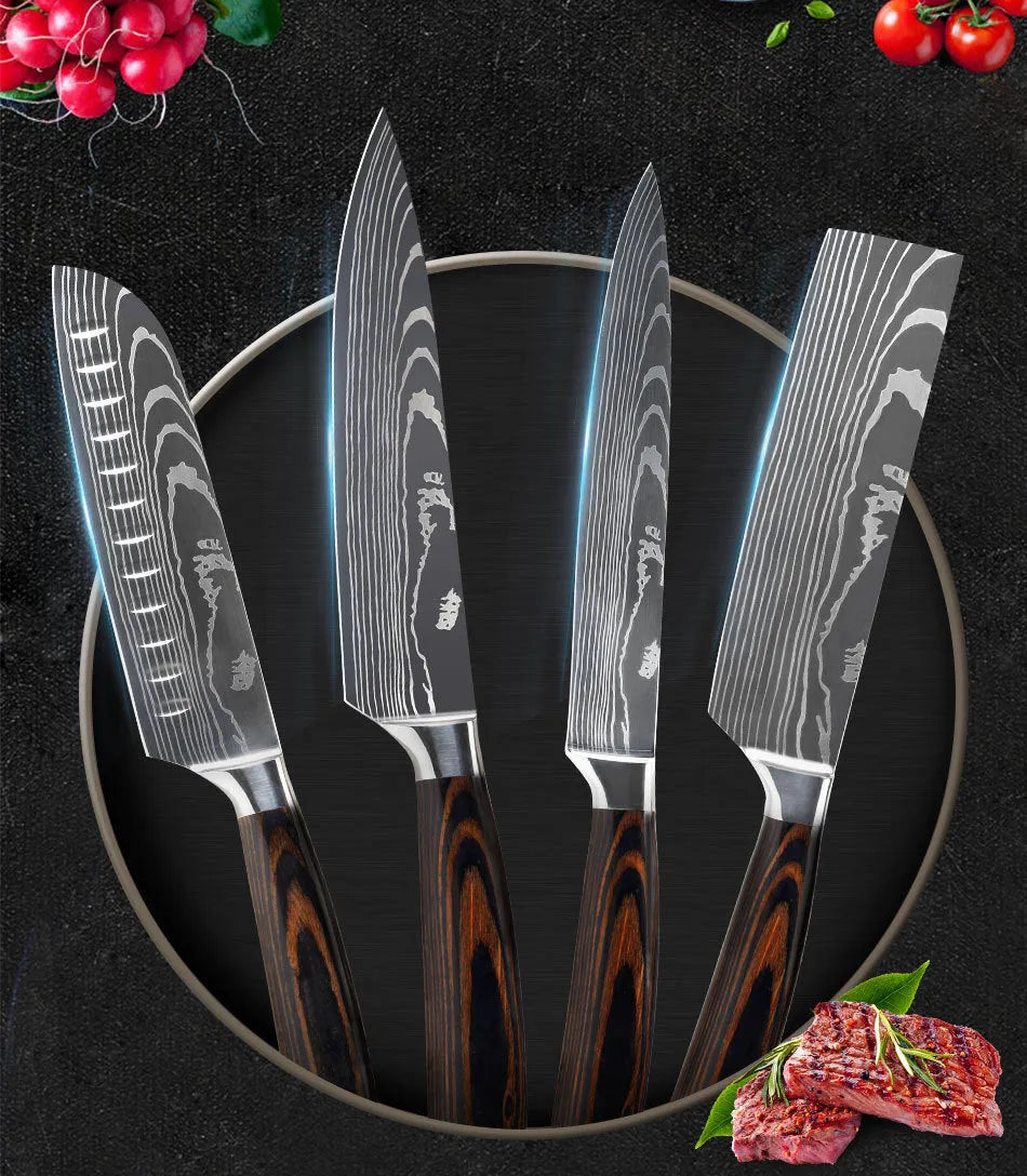 7CR17 stainless steel chef knife with laser Damascus pattern and colour steel handle