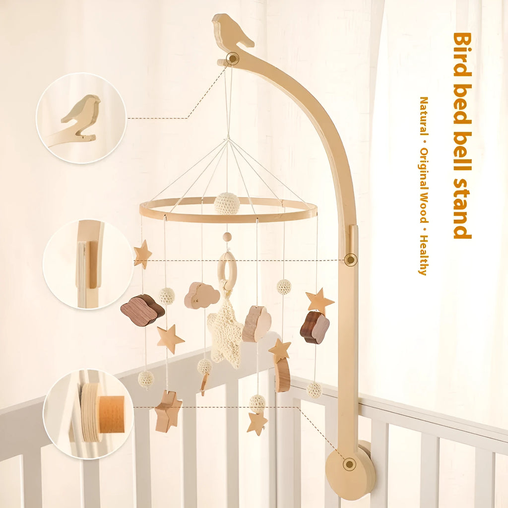 Wooden bird bed bell bracket for infant cot or bed, suitable for 0-3 years