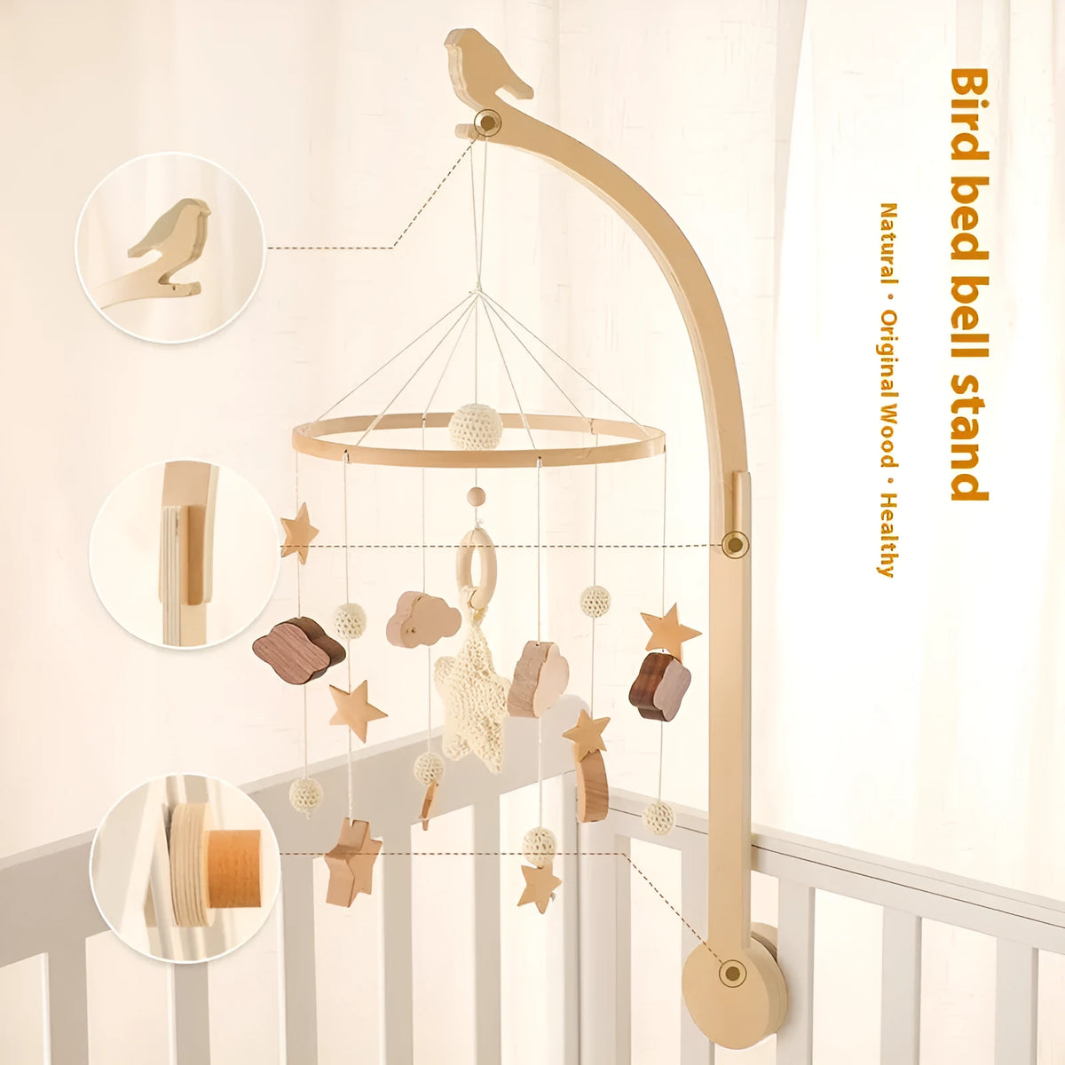 Wooden bird bed bell bracket for infant cot or bed, suitable for 0-3 years