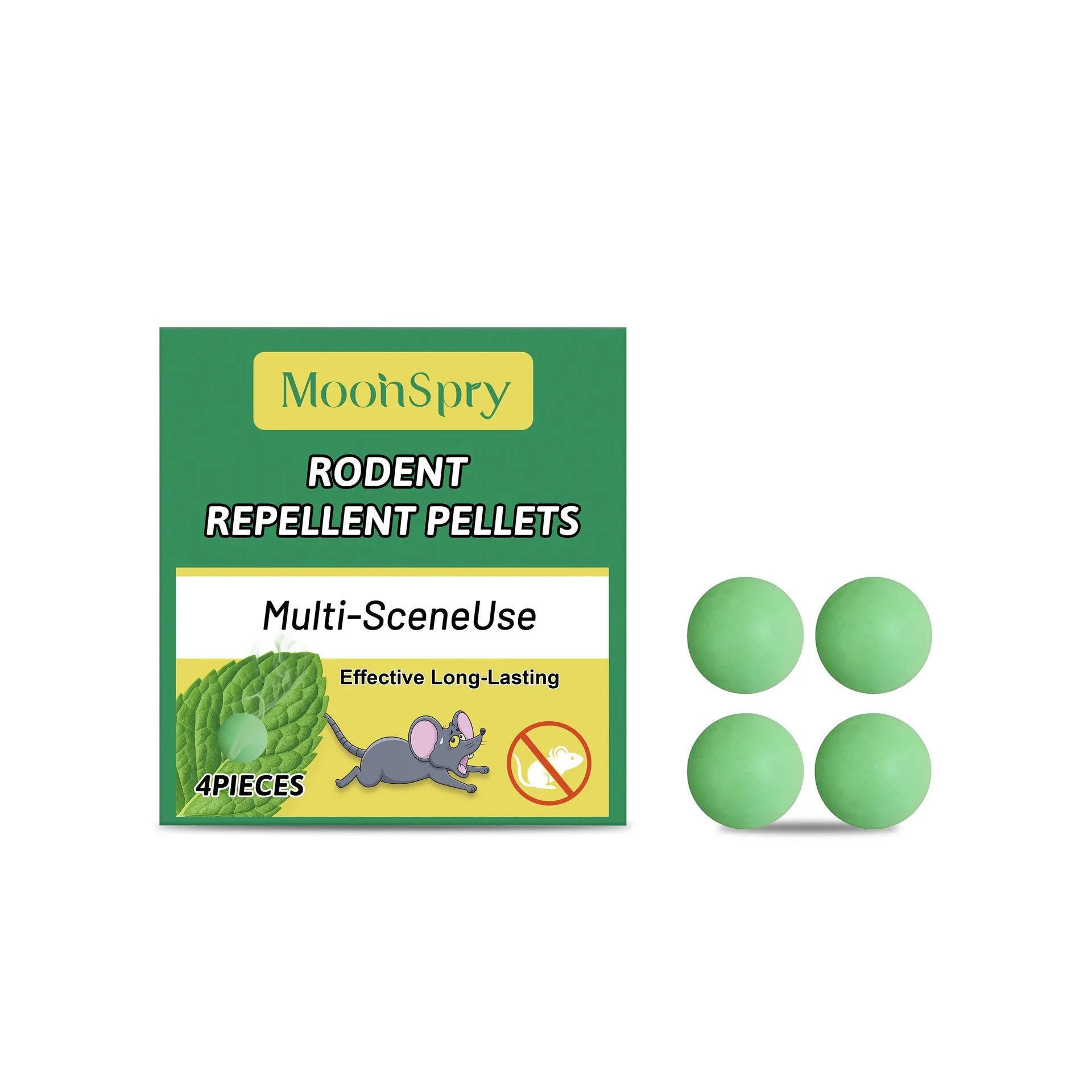 Rodent repellent pellets with natural camphor and menthol scents in a pack of four