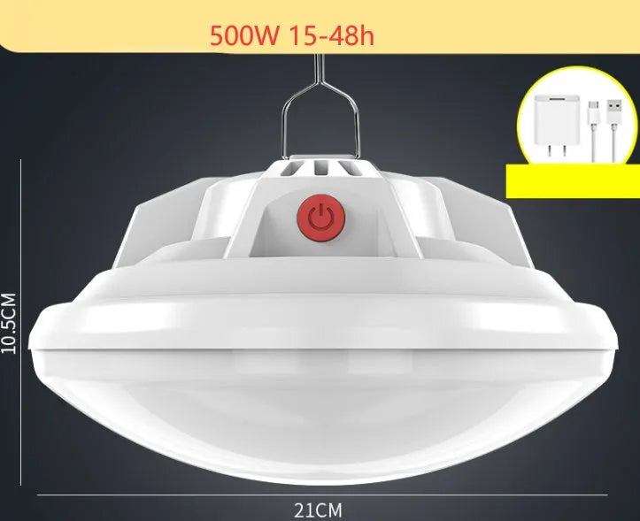 Multifunctional camp LED light with charging capability showing illumination radius measurement