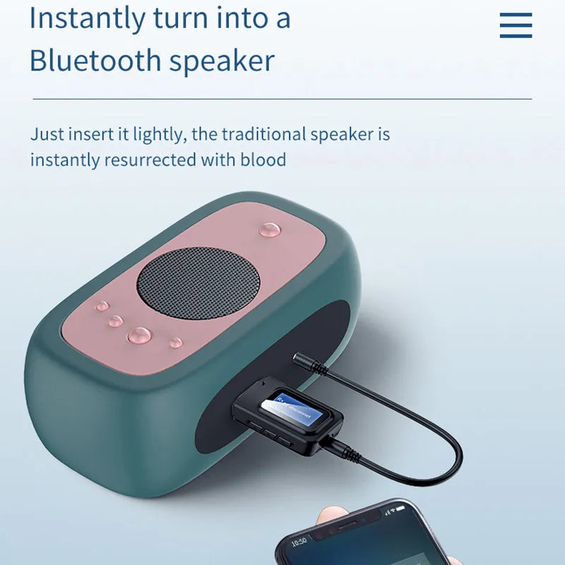 Two-in-one Bluetooth adapter in black with screen display and 3.5mm audio input
