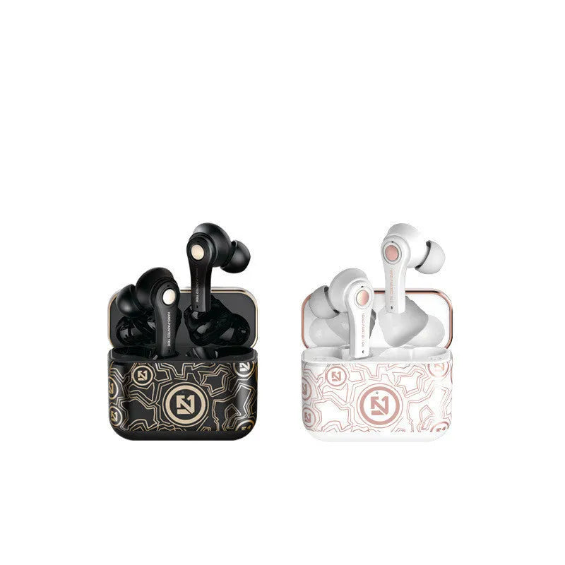 Black and white TWS touch wireless in-ear headphones with charging compartment