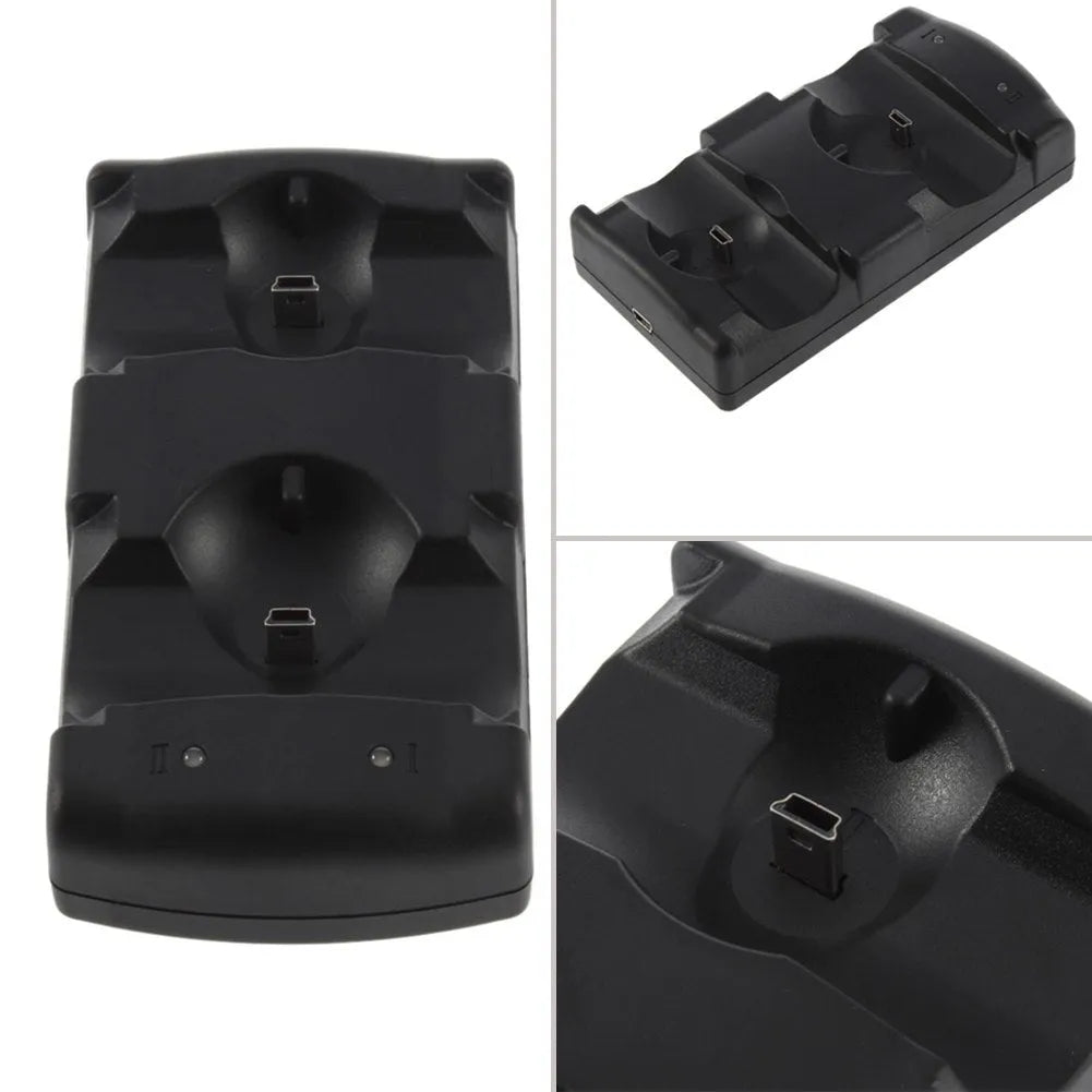 Black dual USB charging dock for PlayStation 3 controllers holding two wireless gamepads