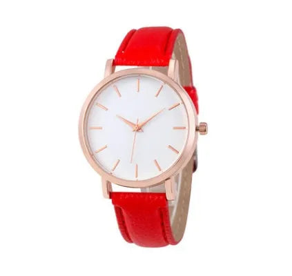Square quartz watch with PU leather strap and alloy case in a selection of colours on a white background.