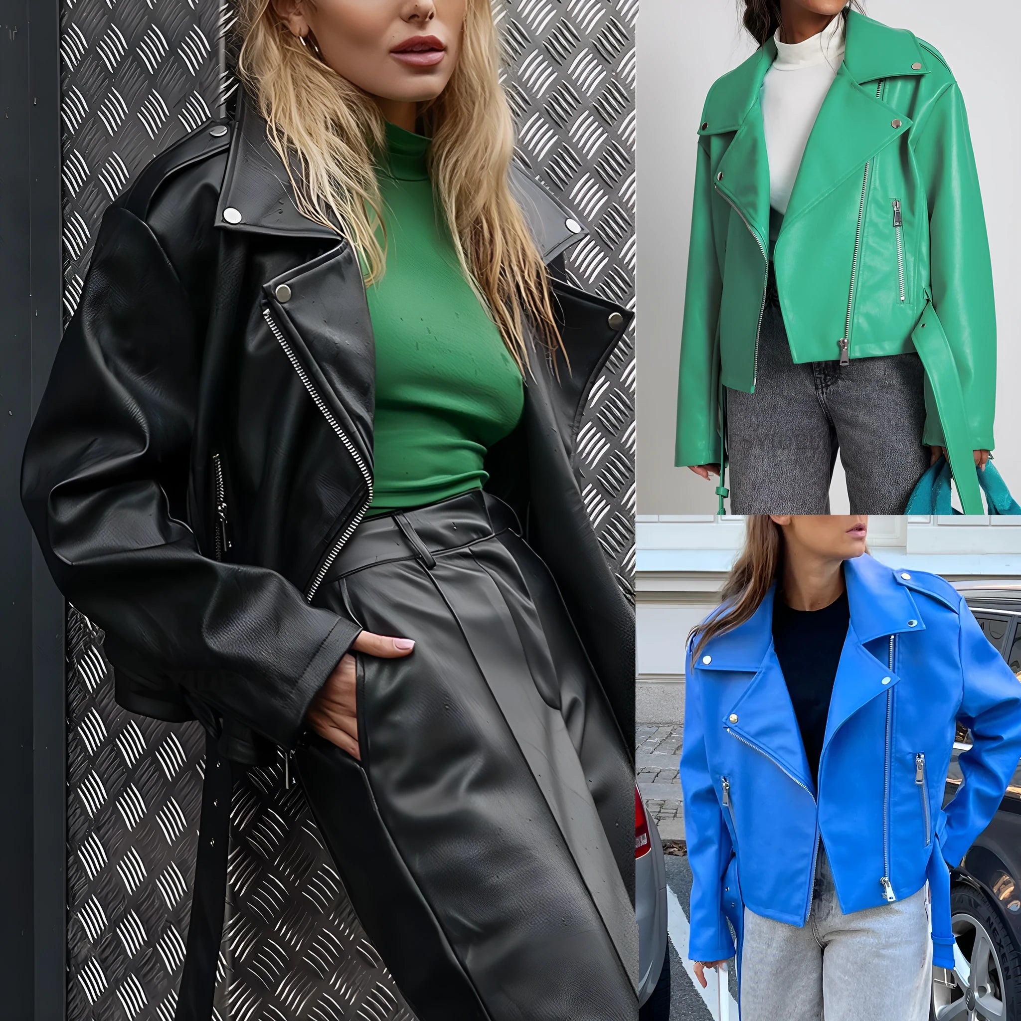 Black punk-style short jacket with a Peter Pan collar, lapel, and waist belt on a hanger.