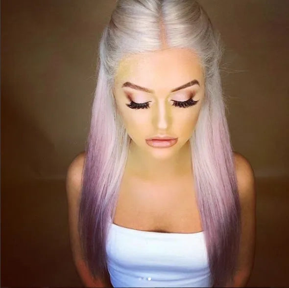 Gradient lilac long straight wig with mechanism processed high temperature wire hairline and no bangs