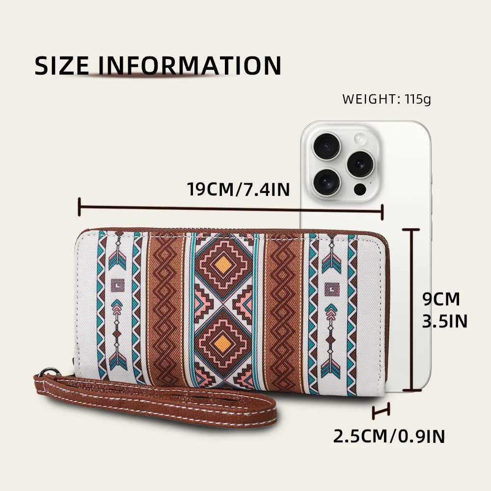 Bohemian striped canvas RFID wallet in multiple colours showing 20x10x2cm dimensions