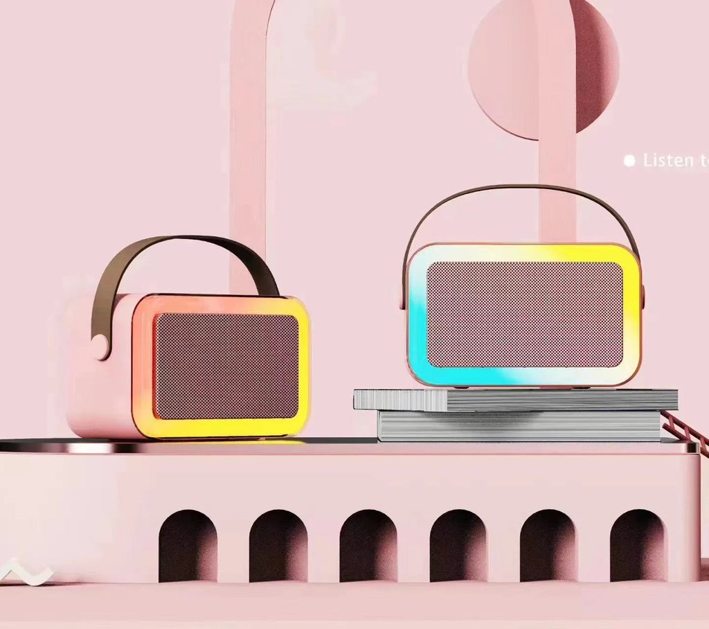 Portable Bluetooth speaker microphone with coloured lights in pink, sky blue, or white colour options.