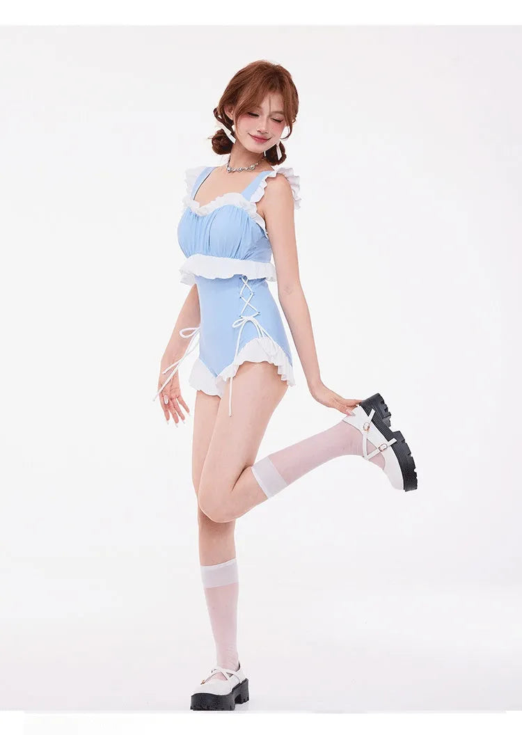 Light blue women's one-piece swimsuit with lace small chest gathering and high waist backless design